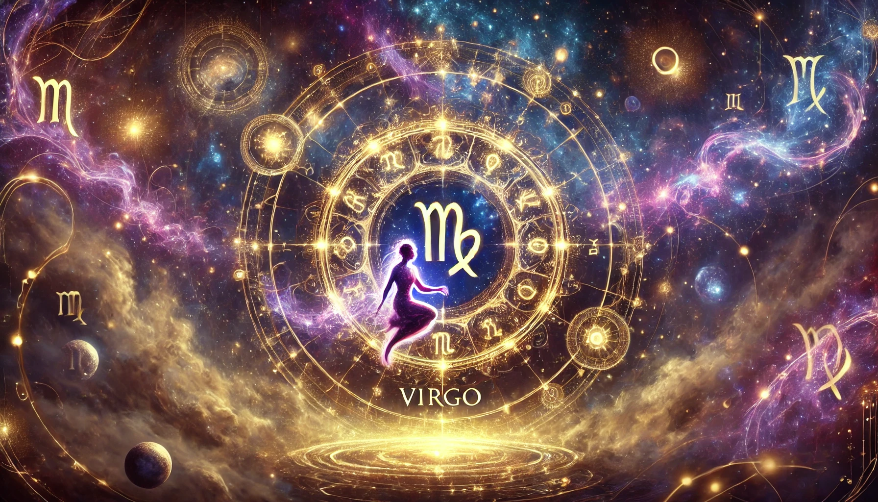 A cosmic and mystical digital artwork featuring Virgo as the central zodiac sign, illuminated by glowing constellations, swirling galaxies, and a futuristic holographic astrological chart. The Virgo symbol is prominently displayed, representing wisdom, precision, and a deep connection to analytical thinking. The background blends deep purples, blues, and cosmic gold, enhancing the celestial and astrological theme. This Virgo-themed horoscope image reflects the sign's meticulous nature, intellect, and dedication to self-improvement, aligning with its astrological influences.